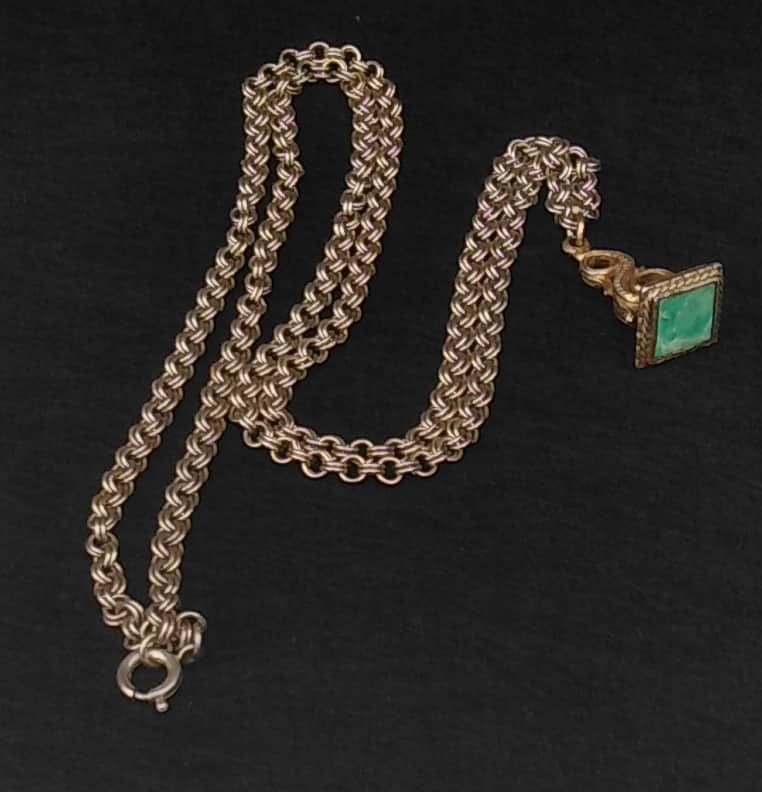 Vintage Long-Line Fob Pendant Necklace – 29" Plated Chain with Faux Green Stone